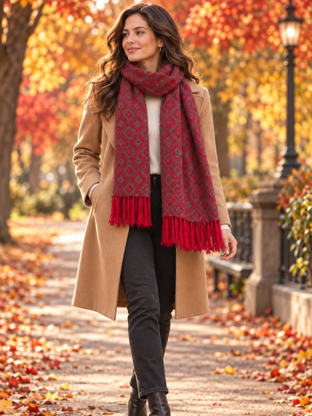Beautiful Artisan Red & Gray Geometric Woven Fringe Scarf